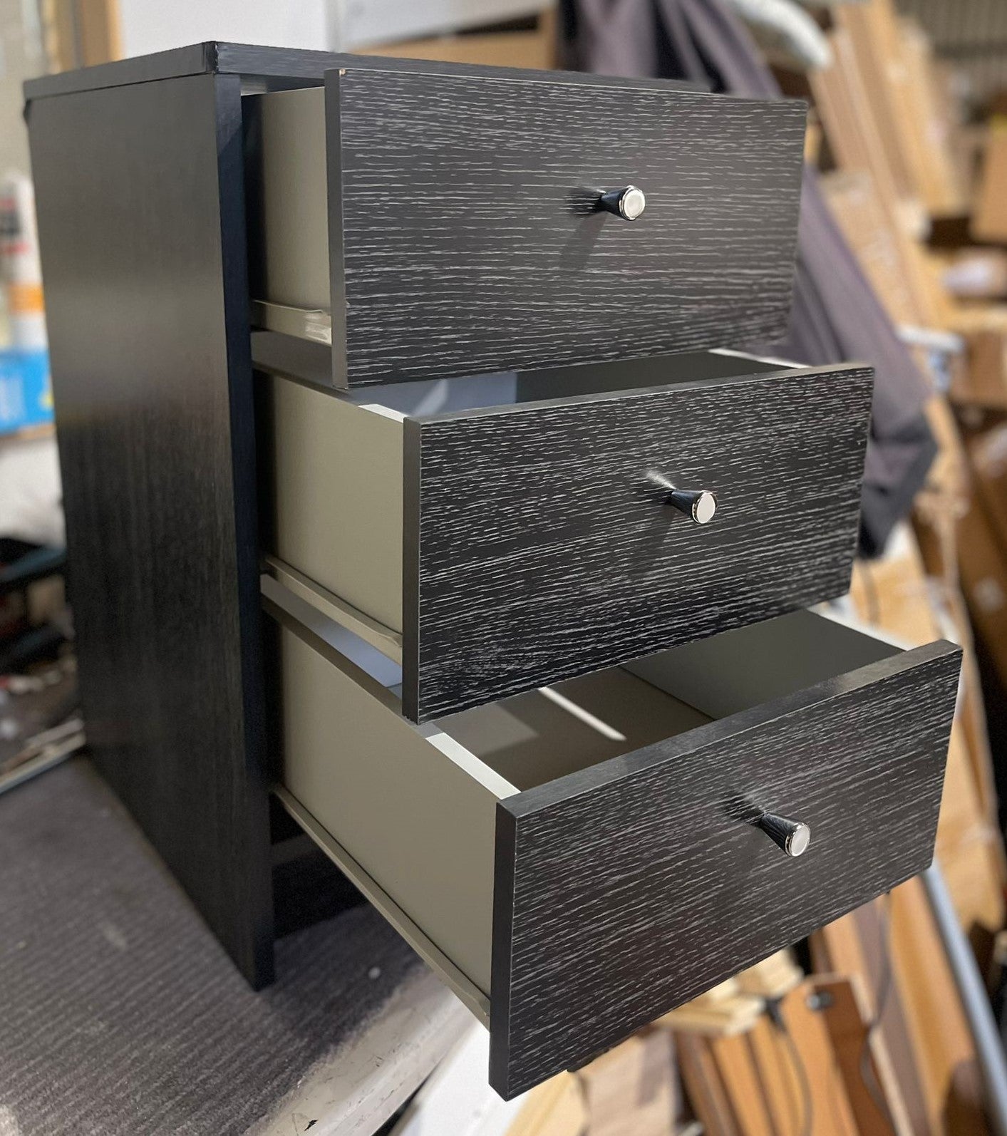 Assembled Malibu 3 Drawer Bedside Table - Black Oak Effect